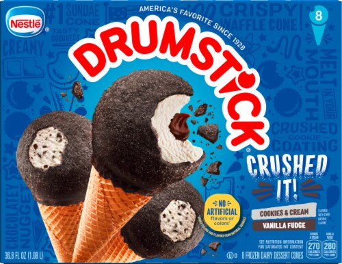 Drumstick® Crushed It Cookies & Cream Vanilla Fudge Variety Frozen Dairy Dessert Cones Perspective: front