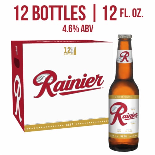 Rainier Beer, 12 Pack, 12 fl oz Glass Bottles, 4.6% ABV, Domestic Lager Perspective: front