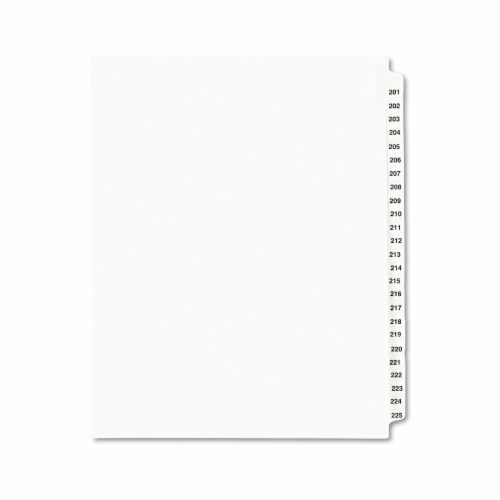 Preprinted Legal Exhibit Side Tab Index Dividers, Avery Style, 25-Tab, 201 to 225, 11 x 8.5, White, 1 Set, (1338)
