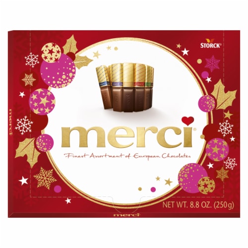 Merci Finest Assortment of European Chocolates Holiday Gift Box Perspective: front