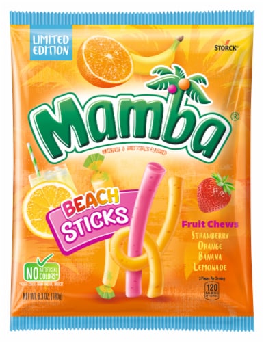 Mamba® Beach Sticks Fruit Chews Candy Bag Perspective: front