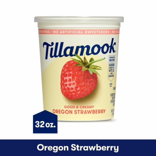 Tillamook Oregon Strawberry Low Fat Yogurt Tub Perspective: front