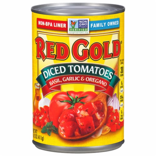Red Gold Basil Garlic & Oregano Diced Tomatoes Perspective: front