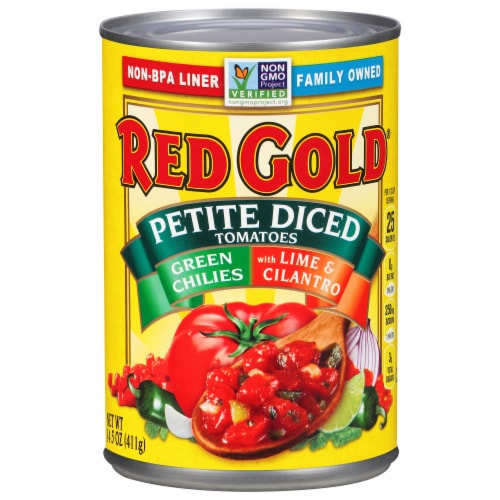 Red Gold® Petite Diced Green Chilies Lime Juice & Cilantro Tomatoes Perspective: front
