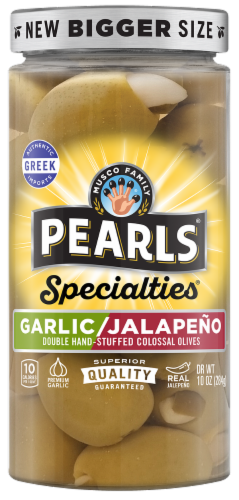 Pearls® Garlic/Jalapeno Double Hand Stuffed Colossal Olives Perspective: front