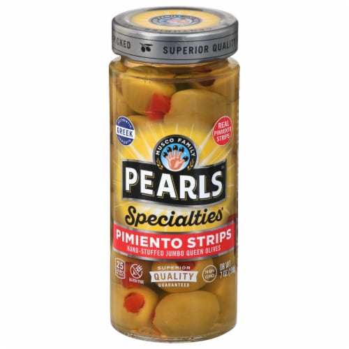 Pearls® Specialties® Pimiento Strips Hand-Stuffed Jumbo Queen Green Olives Perspective: front