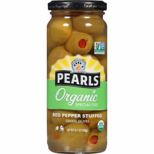 Pearls Organic Red Pepper Stuffed Green Olives Perspective: front