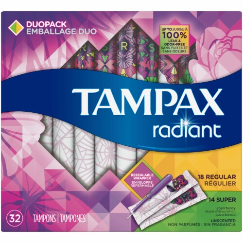 Tampax Radiant Unscented Regular and Super Tampon DuoPack, 32 ct - Fry's  Food Stores