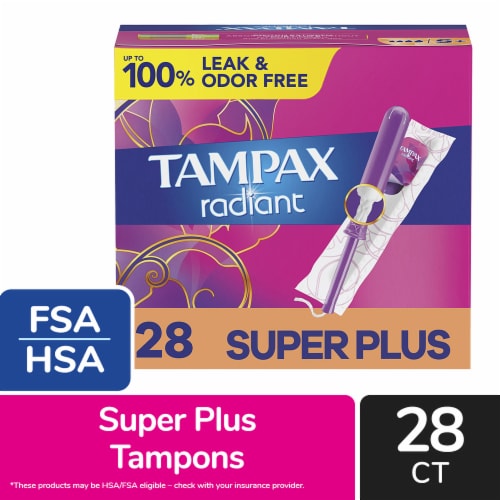 Tampax Radiant Tampons, with LeakGuard Braid, Super Plus Absorbency, Unscented Perspective: front