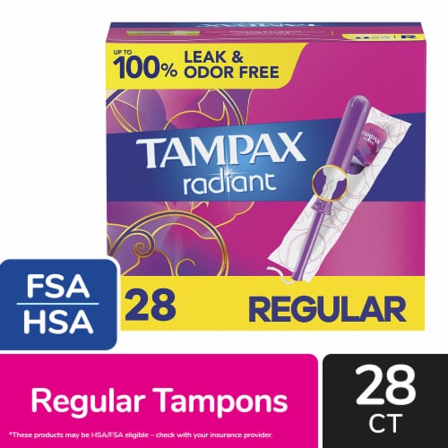 Tampax Radiant Tampons, with LeakGuard Braid, Regular Absorbency, Unscented Perspective: front