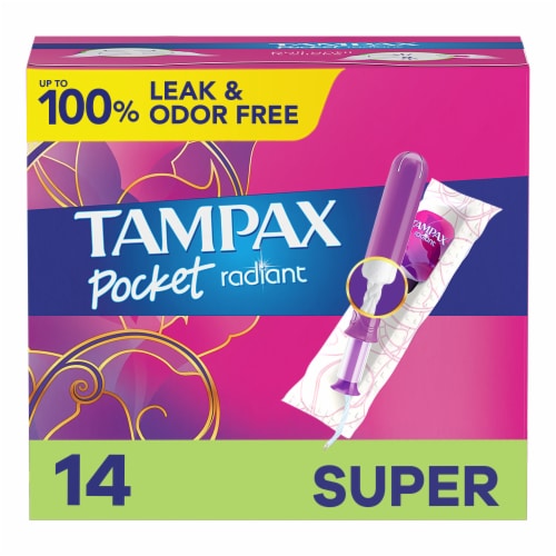 Tampax Compact Radiant Tampons, with LeakGuard Braid & Extendable Applicator, Super Absorbency Perspective: front