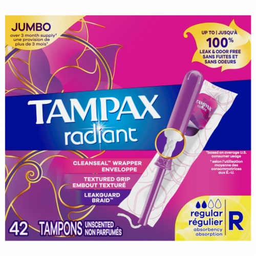 Tampax Radiant LeakGuard Protection Tampons Regular Absorbency Unscented Perspective: front