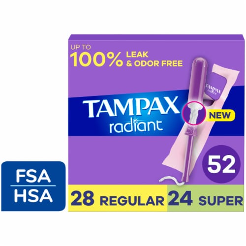 Tampax Radiant Tampons Multipack, with Leak Guard Braid, Regular/Super Absorbency Perspective: front