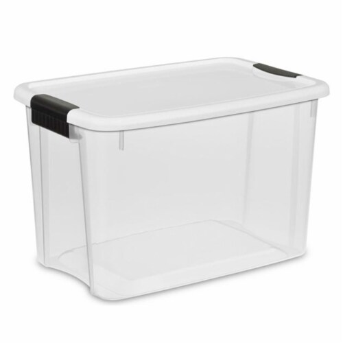 Sterilite 30 Qt Clear Plastic Stackable Storage Bin w/ Latch Lid, White (6 Pack) Perspective: front