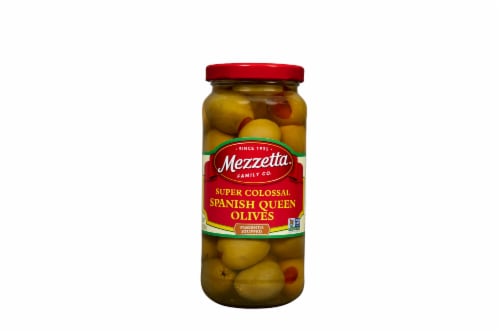 Mezzetta Super Colossal Pimiento Stuffed Spanish Queen Olives Perspective: front