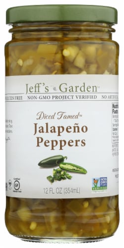 Jeff's Garden Naturals Diced Tamed Jalapeno Peppers Perspective: front