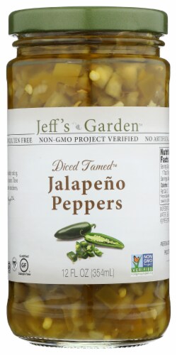 Jeff's Garden Naturals Diced Tamed Jalapeno Peppers Perspective: front
