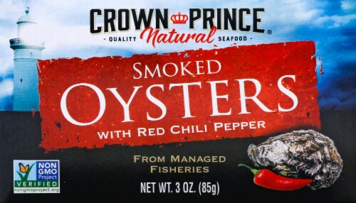 Crown Prince Naturally Smoked Oysters With Red Chili Peppers Perspective: front