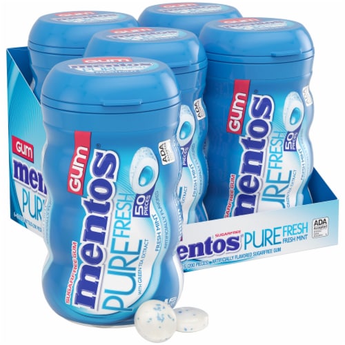 Mentos Pure Fresh Sugar-Free Chewing Gum with Xylitol,Fresh Mint,50Piece Bottle(Pack of 4) Perspective: front