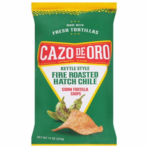 Cazo de Oro Tortilla Chips Fire Roasted Hatch Chili 11oz Perspective: front