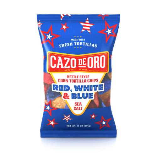Cazo de Oro Kettle Style Corn Tortilla Chips Red, White & Blue Sea Salt Perspective: front