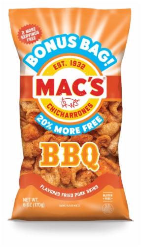 Mac's® Chicharrones Bonus Bag BBQ Flavored Fried Pork Skin Perspective: front