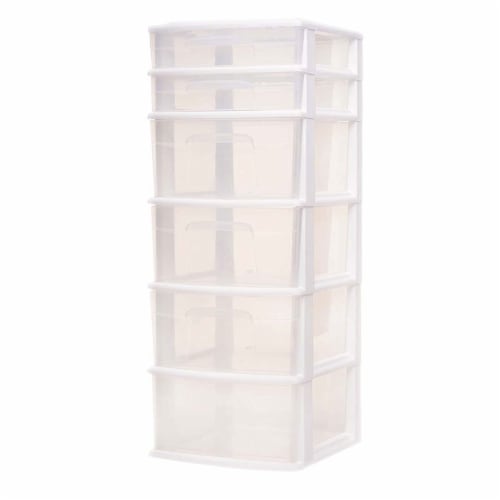 Homz Plastic 5 Clear Drawer Medium Home Organization Storage Container  Tower with 3 Large Drawers and 2 Small Drawers, Black Frame