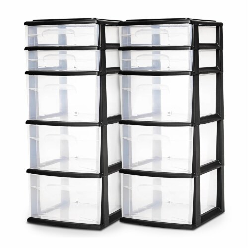 Homz Plastic 4 Drawer Medium Storage Tower, Clear Drawers & Black Frame (2 Pack)