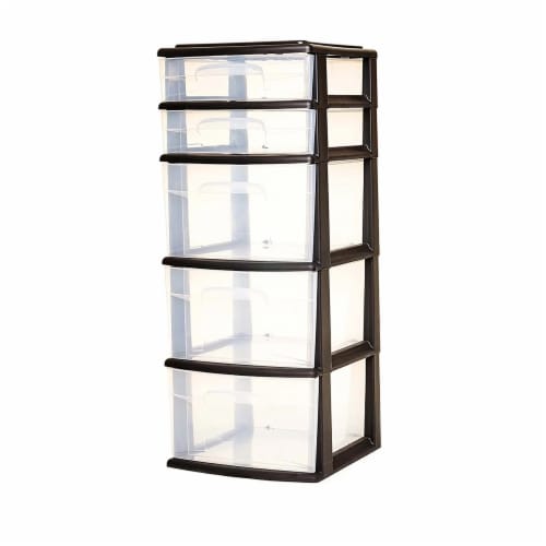 Homz Plastic 5 Clear Drawer Medium Home Storage Container Tower, Black Frame