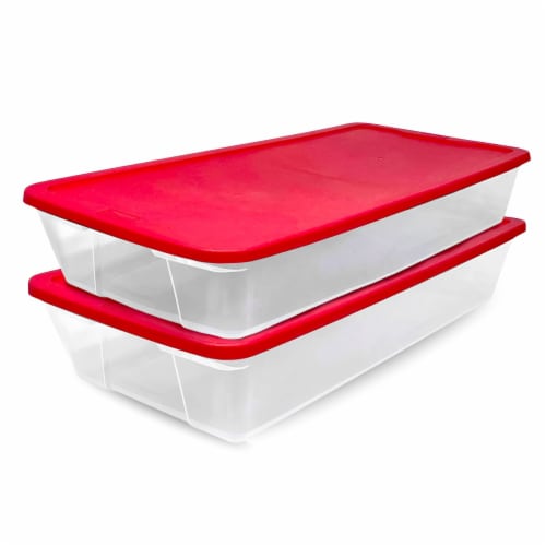 Homz 41Qt Clear Plastic Holiday Storage Container with Red Snap Lock Lid, 2 Pk Perspective: front