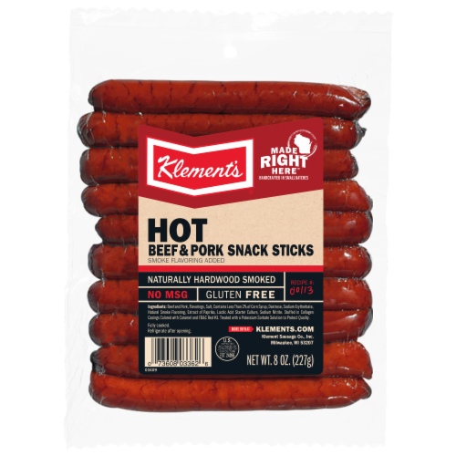 Klement's Hot Beef & Pork Snack Sticks Perspective: front