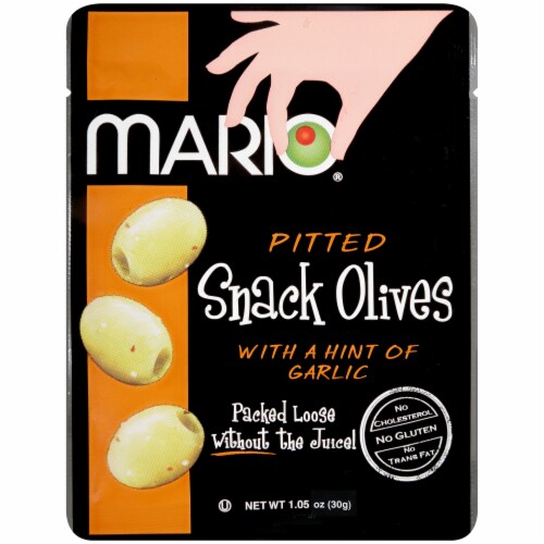 Mario 30g Green Pitted Snack Olive Seasoned with a Hint Of Garlic 12 Pack