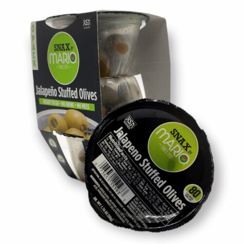 Mario 50g Jammin' Jalapeño Stuffed Green Olive Snack Cups (18 per case) Perspective: front