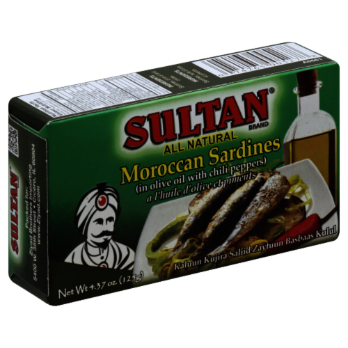Sultan All Natural Moroccan Sardines In Olive Oil with Chili Peppers Perspective: front
