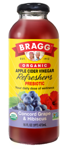 Bragg® Organic Concord Grape and Hibiscus Apple Cider Vinegar Prebiotic Refresher Perspective: front
