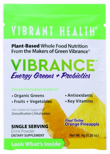Vibrant Health Vibrance Energy Greens + Probiotics Orange Pineapple Drink Powder Perspective: front