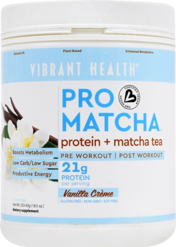 Vibrant Health Pro Matcha Protein and Matcha Tea Perspective: front