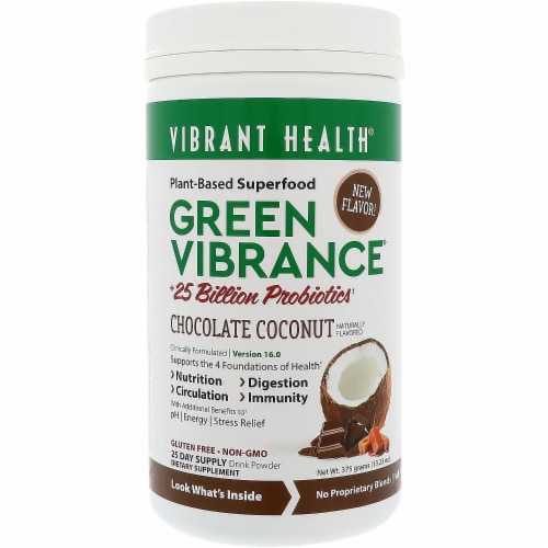 Vibrant Health Green Vibrance Chocolate Coconut Superfood Drink Powder Perspective: front