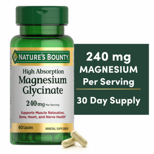 Nature's Bounty High Absorption Magnesium Glycinate Supplements, 240mg, Supports Muscle Relaxation Perspective: front