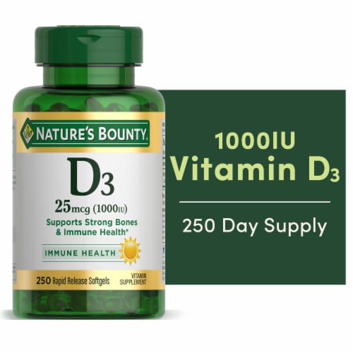 Nature’s Bounty Vitamin D3 1000 IU Bone Support Rapid Release Softgels Perspective: front