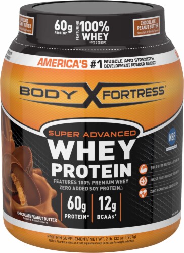 Body Fortress Chocolate Peanut Butter Whey Protein Powder Perspective: front