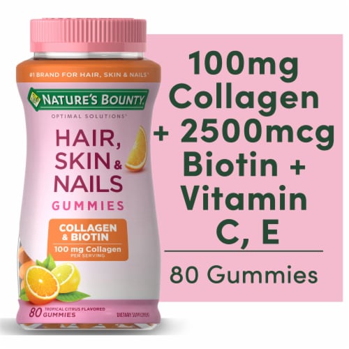 Nature's Bounty Optimal Solutions Hair, Skin & Nail Tropical Citrus Vitamin Gummies Collagen 100mg Perspective: front