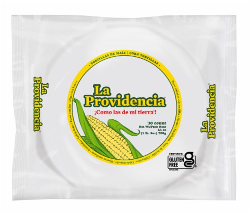 La Providencia corn tortilla 30 ct. paper wrap. Perspective: front