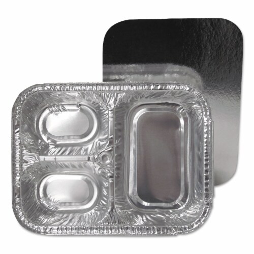 Durable Packaging 3-Section Foil Pan with Board Lid 8 1/2w x 6 3/8d x 1 23/32h Silver 250/CT Perspective: front