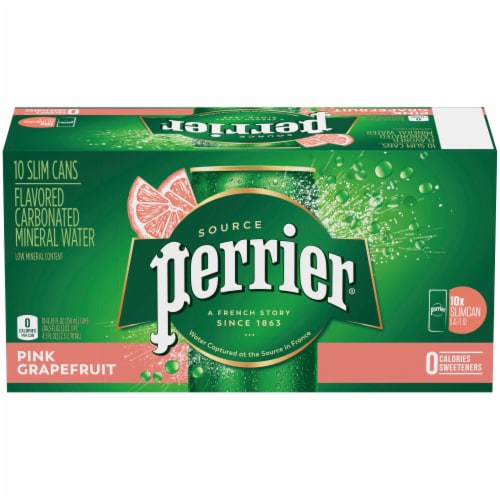 Perrier Pink Grapefruit Flavored Carbonated Mineral Water 10 Cans Perspective: front