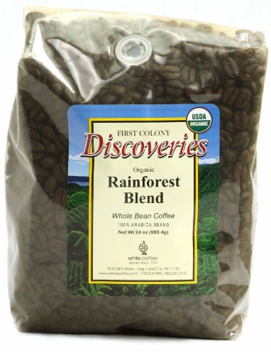 First Colony Discoveries Organic Whole Bean Coffee Rainforest Blend Perspective: front