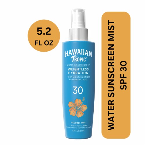 Hawaiian Tropic® Weightless Hydration Water Sunscreen Mist SPF 30 Moisturizes 12hrs Hyaluronic Acid Perspective: front