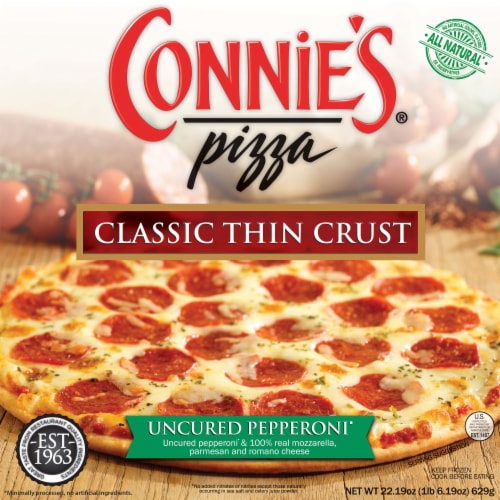 Connie's Classic Thin Crust Uncured Pepperoni Frozen Pizza Perspective: front