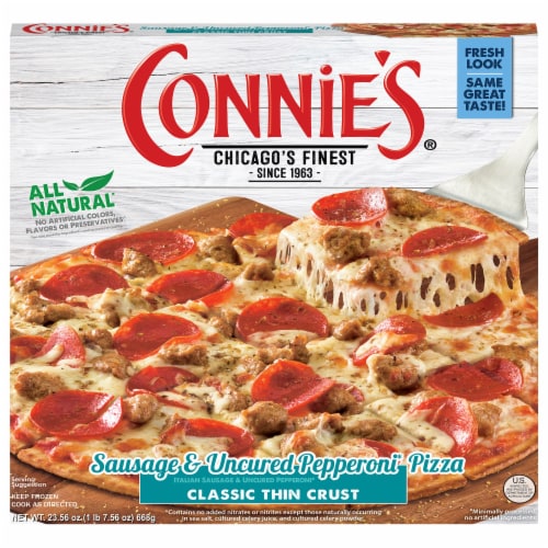 Connie's® Classic Thin Crust 11-Inch Sausage & Uncured Pepperoni Frozen Pizza Perspective: front