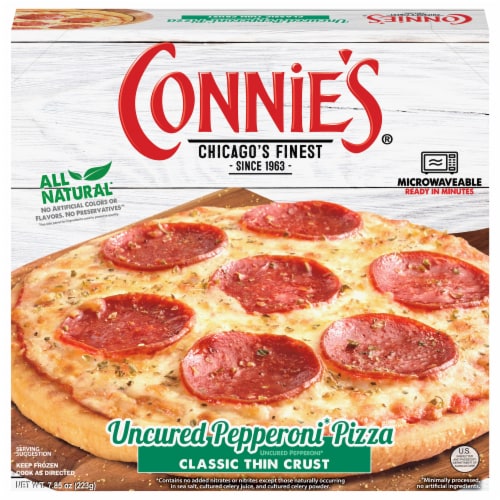 Connie's Uncured Pepperoni Classic Thin Crust Frozen Pizza Perspective: front
